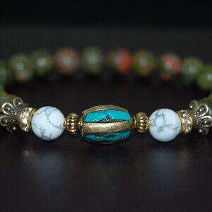 Unakite Stone Bracelet,Indian Bronze Charm,8mm Unakite Stone Beads